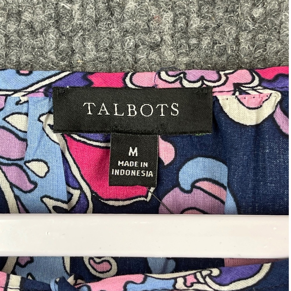 Talbots Blouse Women Medium Navy Pink Excellent Paisley Cotton Tie Neck Top - Picture 5 of 8